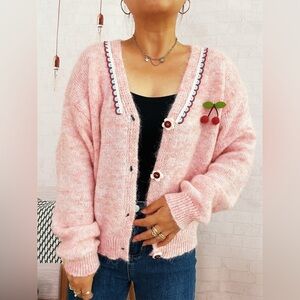Cherry Button-Front Long Sleeve Cardigan